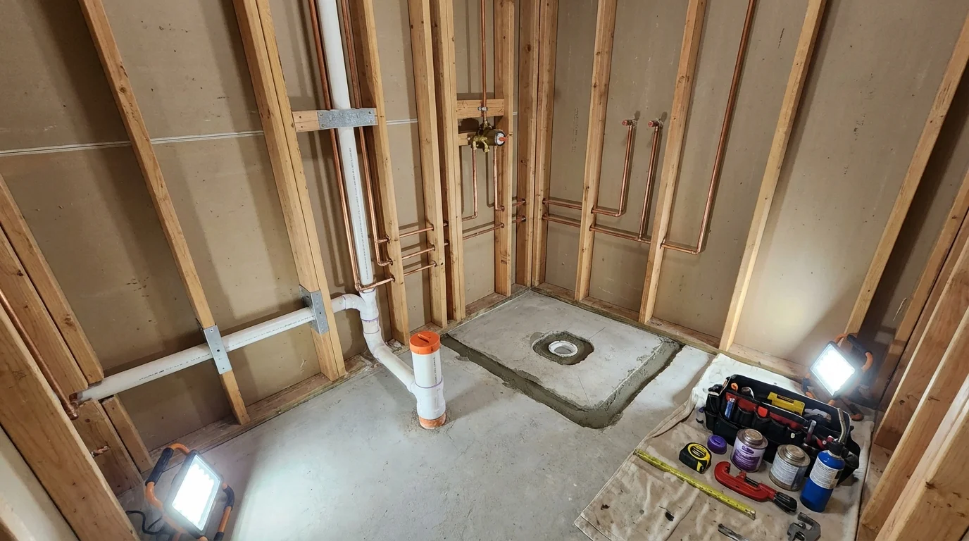 Bathroom rough-in plumbing during remodel by Johns Plumbing LLC in Spencer