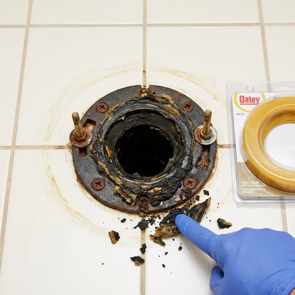 Failed wax ring showing water seepage at the base of a toilet in a Spencer, IN home