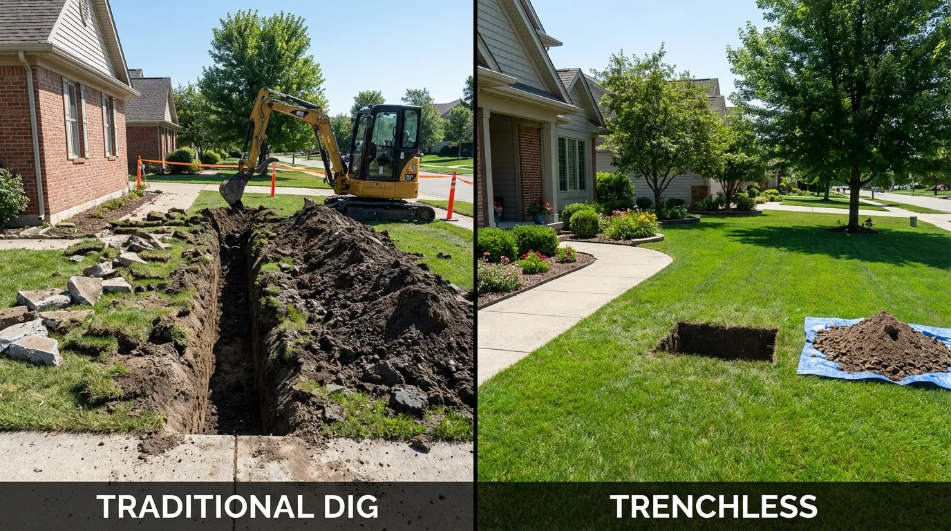 Trenchless sewer repair with minimal yard damage versus traditional excavation in Spencer, IN