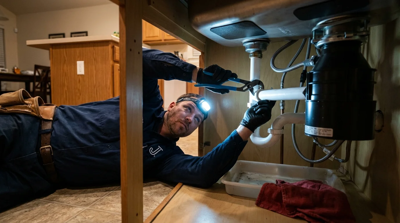 P-trap and supply line connections under a kitchen sink showing a common leak point in Spencer, IN